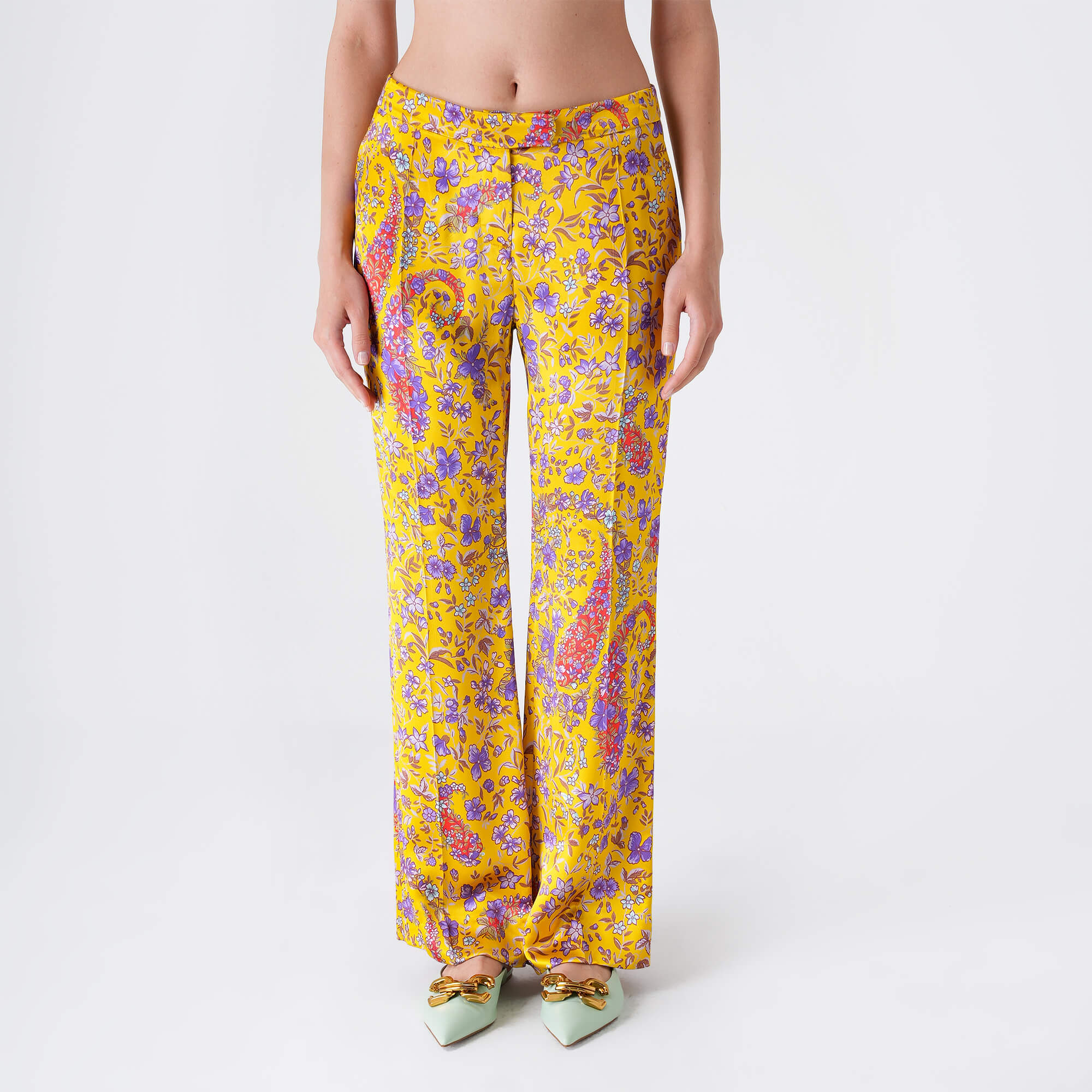 Etro - Yellow&Lilac Floral Print Viscose Flare High Waist Pants